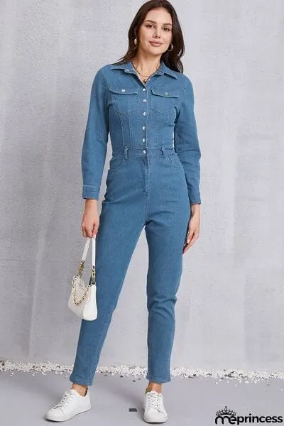 Snap Down Denim Jumpsuit with Pockets