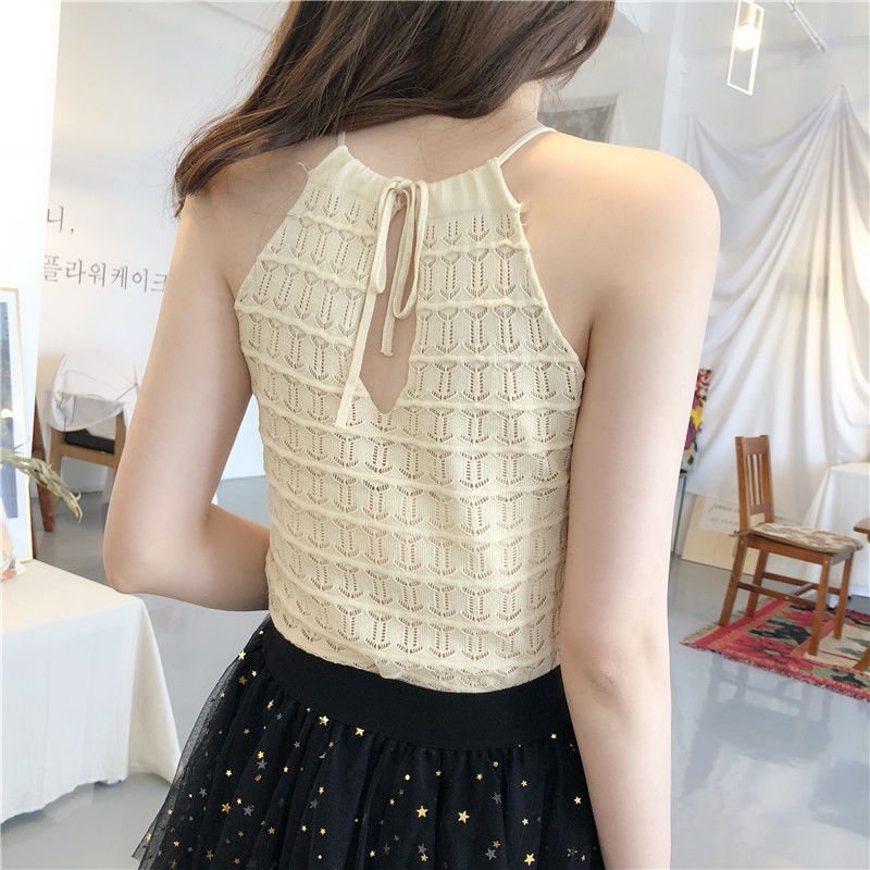 Backless Sexy Halter Top Women Knitted Top Cropped Summer Korean Fashion Clothing Hollow out Solid color Black White Pink