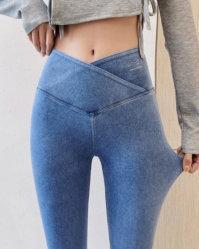 Crossover High Elasticity Tight Plain Denim Leggings