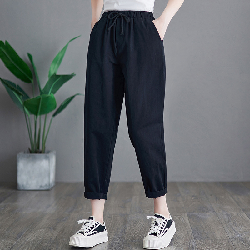Literary Solid Color Lace-Up Elastic Waist Pants