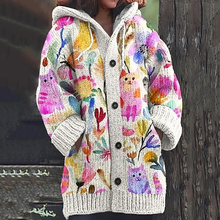 Utbros Women's Colorful Floral And Cat Art Hooded Cardigan Sweater