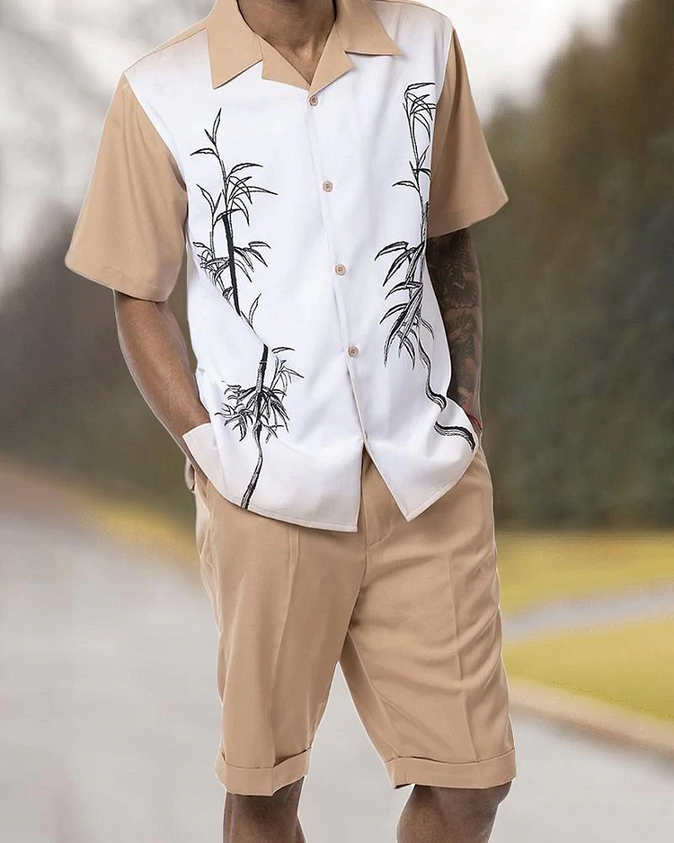Two Piece Short Sleeve Print Walking Suit Set With Shorts