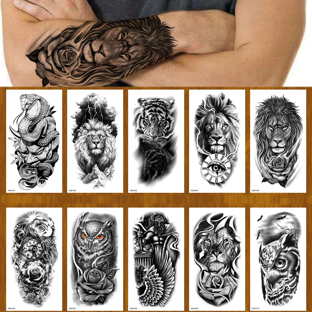 100pcs Wholesales 2022 New Temporary Tattoo Sticker Lion Tiger Snake Flower Black Body Arm Fake Sleeve Waterproof Man Women