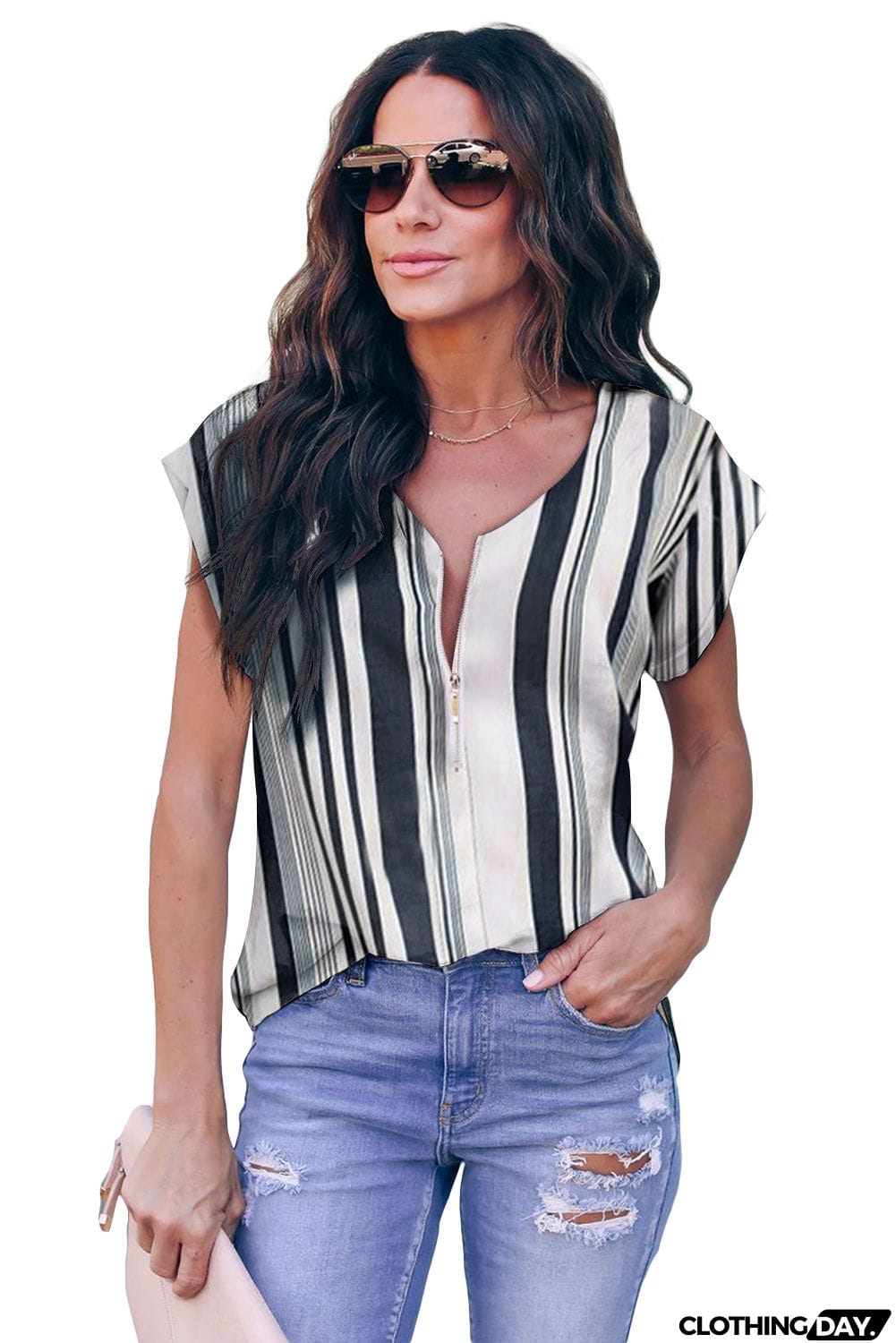 V Neck Stripes Roll up Short Sleeve Zip Up Blouse