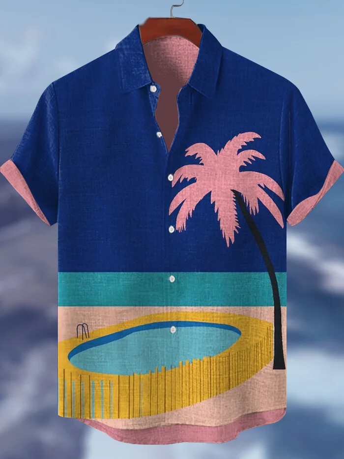 Men's Resort Pool Coconut Trees Art Print Casual Shirt