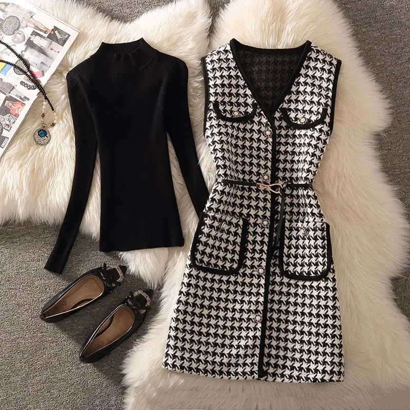 Toloer plaid Mid-Length Tweed Vest Jacket with belt Casual Long Waistcoat And Knitted Sweater Elegant 2 Piece Set Women Outfits