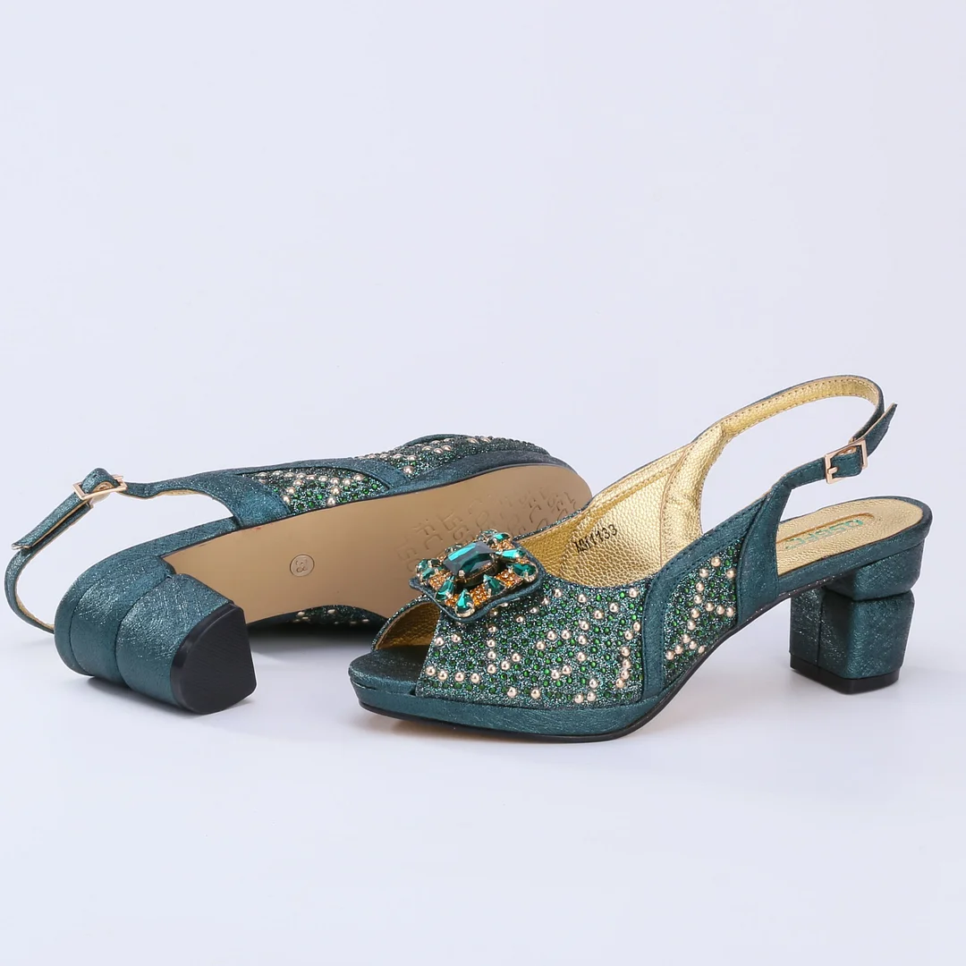 QSGFC 2022 Newest Fashion Noble Green Color Party Wedding Ladies Shoes and Bag Set  Decorated With Rhinestone