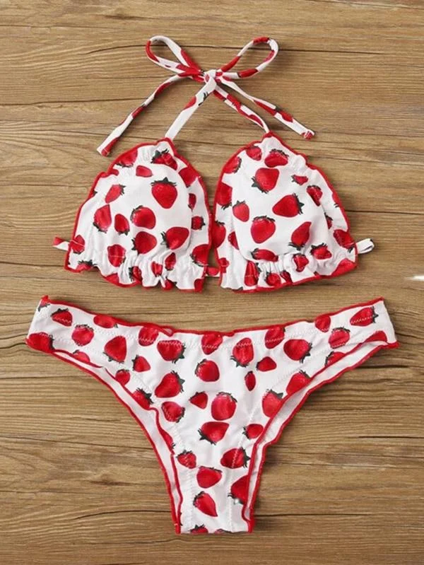 Strawberry Print Ruffled Triangle Split Bikini Swimsuit