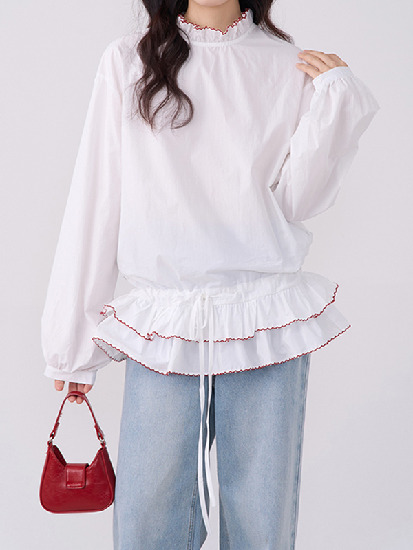 Ruffled Hem Drawstring Waist Long Sleeve Blouses