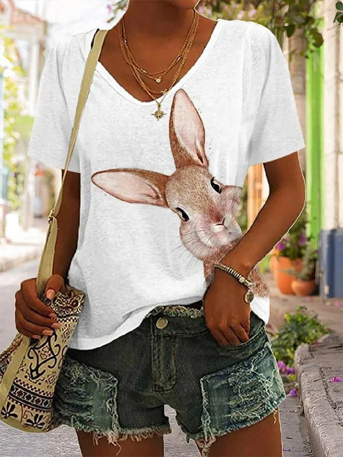 Women's Funny Rabbit Print Casual V-Neck Tee