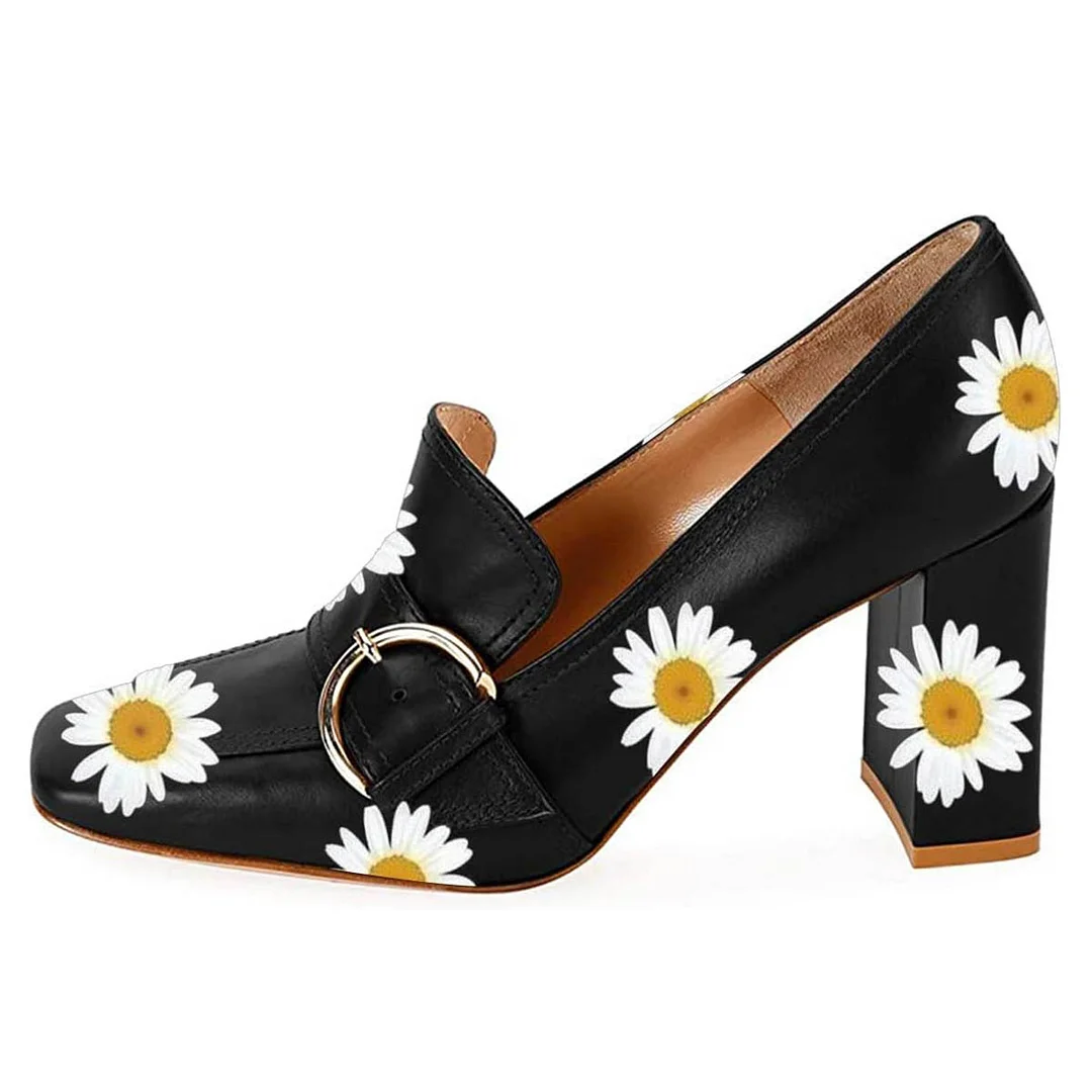 Black Square Toe Daisy Print Chunky Heel Buckle Loafer Shoes Women