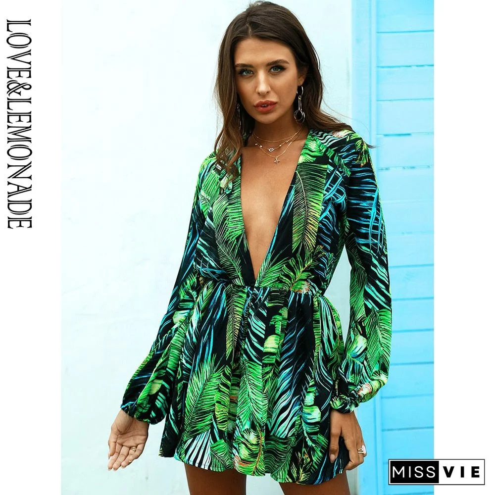 Sexy Black Leaf Print Deep V-Neck Long Sleeve Summer Beach Playsuit LM80428MINI