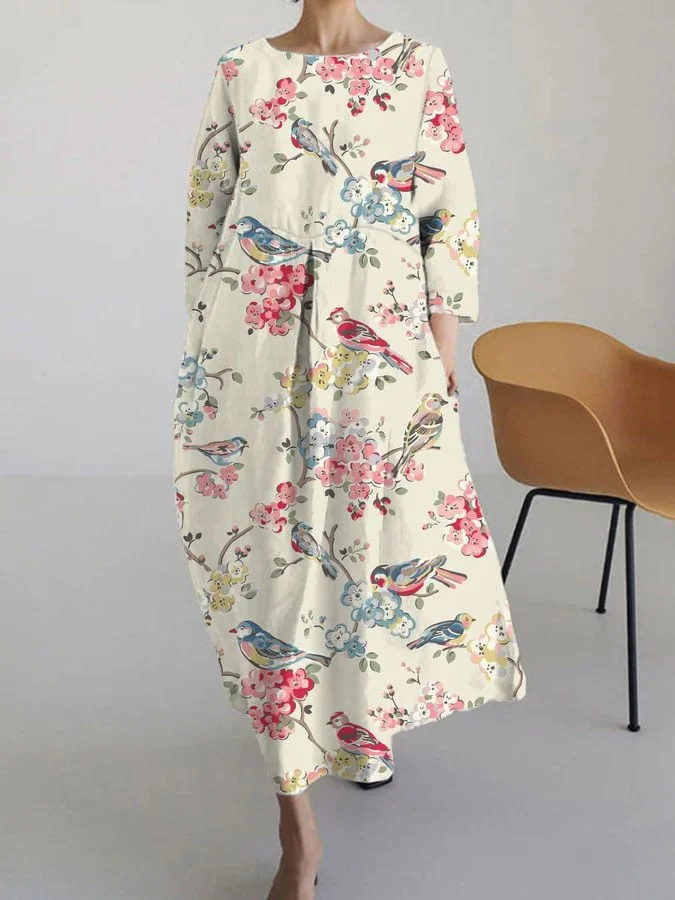 Women's Floral And Bird Print Casual Dress
