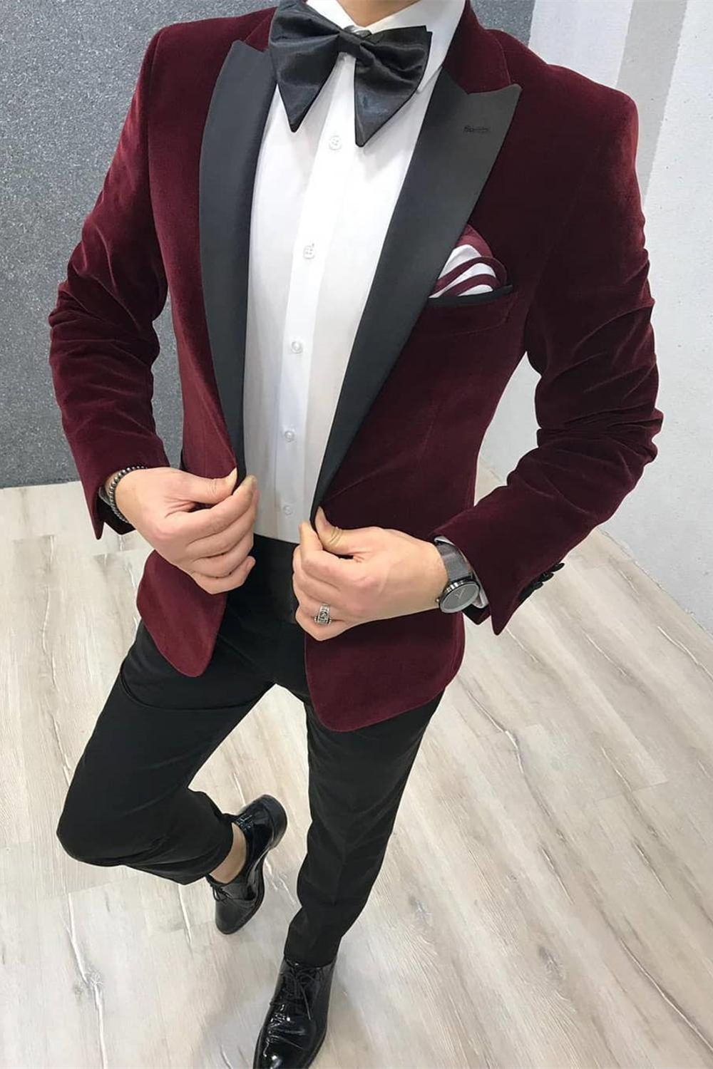 Dresseswow Handsome Slim Fit Two Pieces Burgundy Reception Suit For Man Velvet With Black Satin Peak Lapel