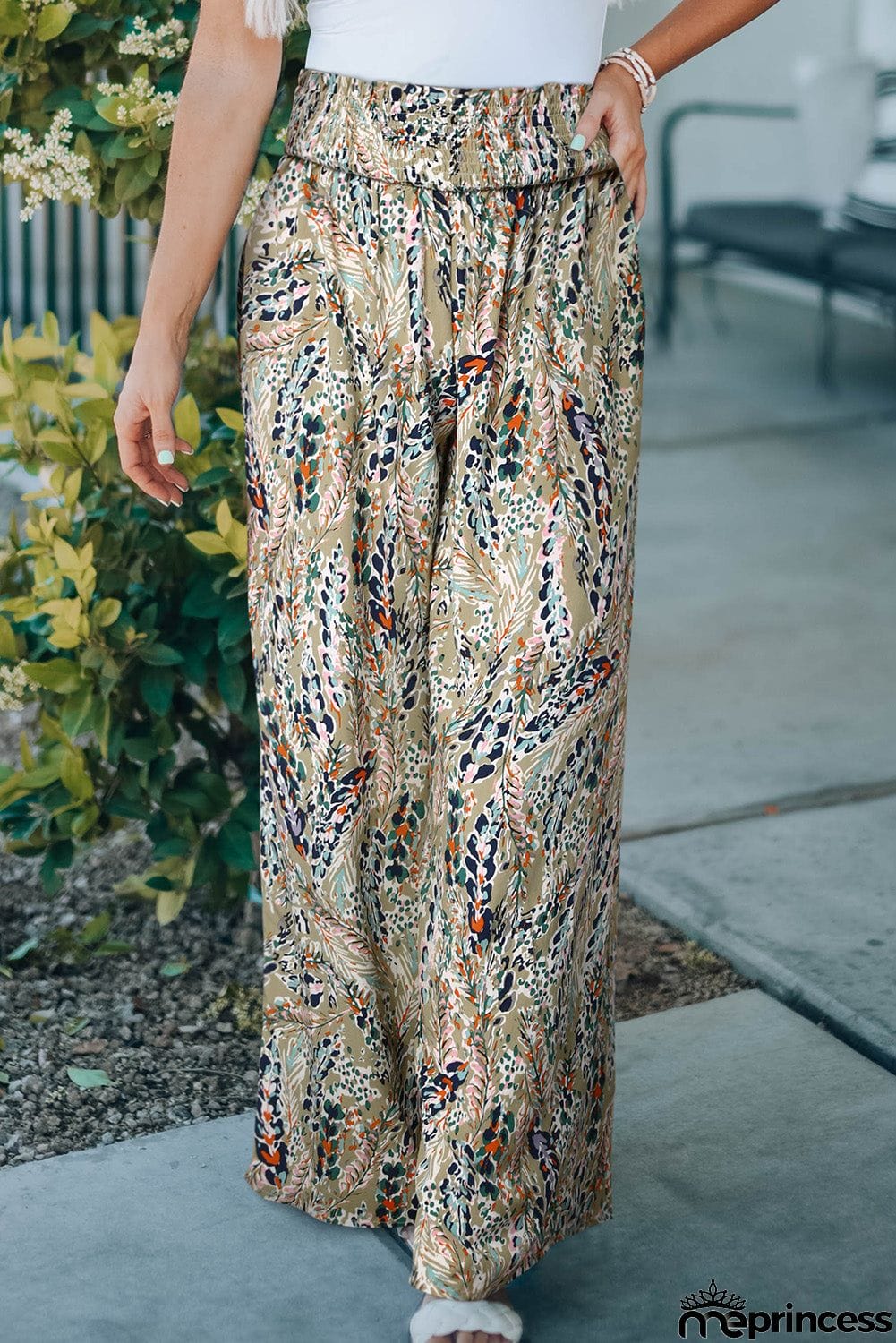 Printed Smocked Waist Wide Leg Pants
