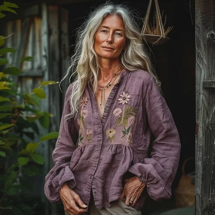 Bohemian Style Linen Floral Art Print  Long Sleeve Shirt