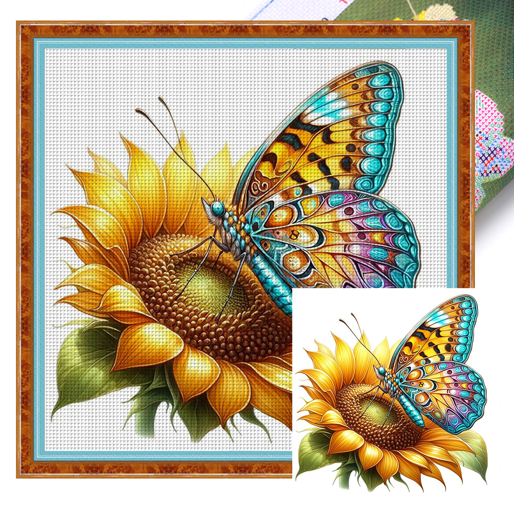 Butterfly Sunflower Full 11CT Pre-stamped Canvas(40*40cm) Cross Stitch