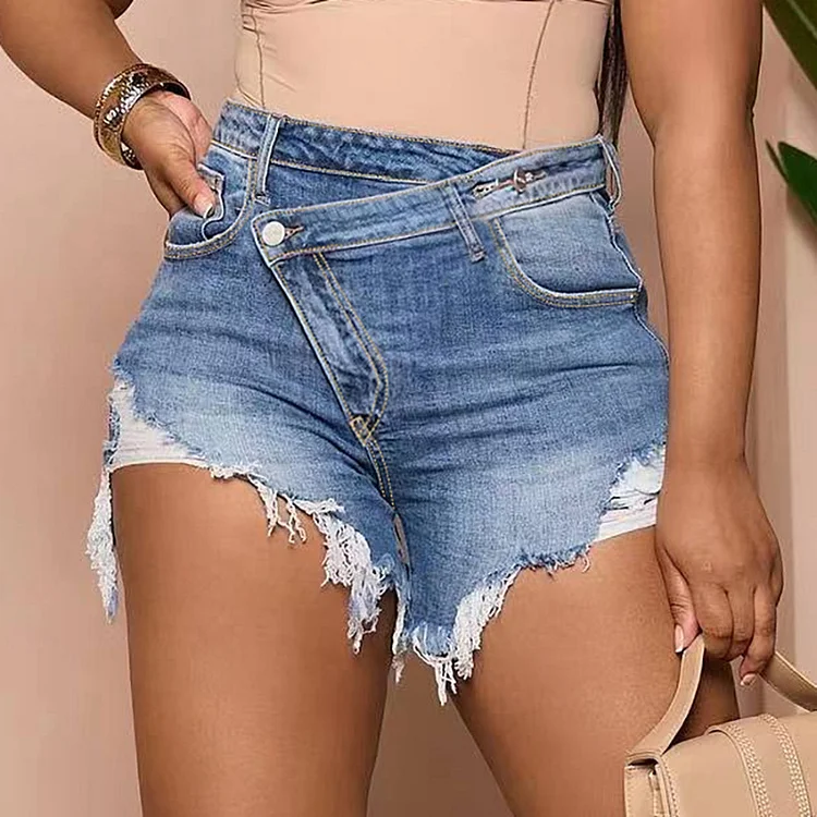 Women's 2024 Denim Irregular Shorts High Waist Distressed Denim Short Jeans