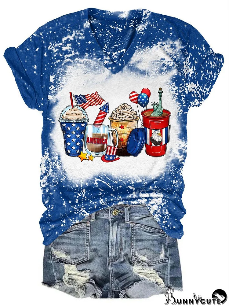 America Coffee Drinks Tie Dye V Neck T-Shirt