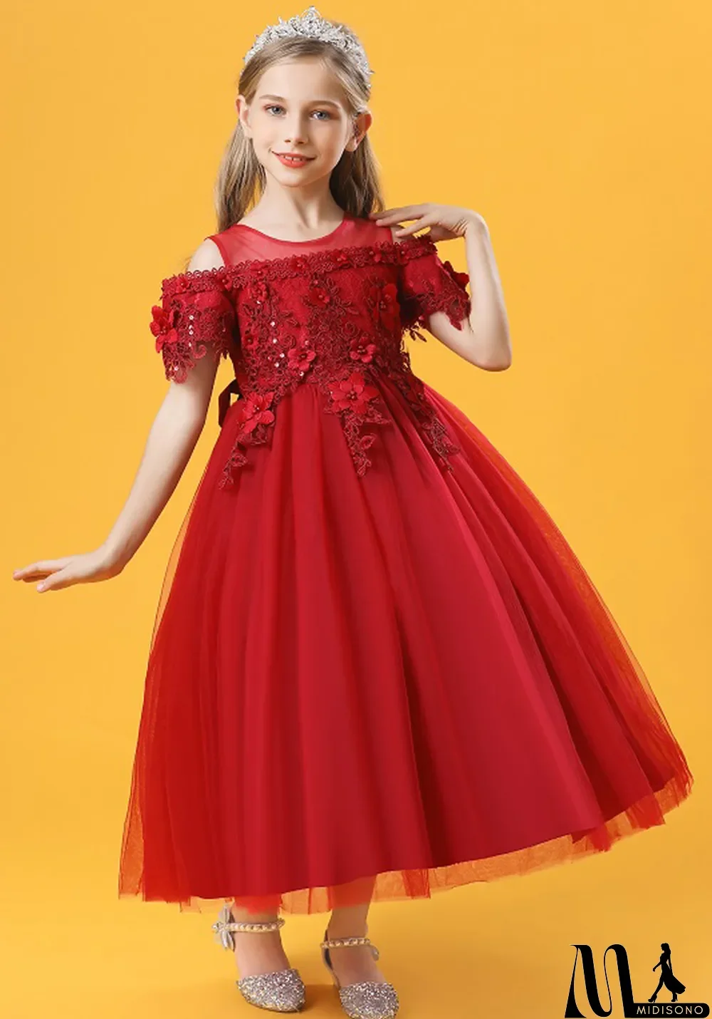 MidiSono - Summer Kids Girl Red Flower Embroidery Lace Formal Party Ball Princess Dress