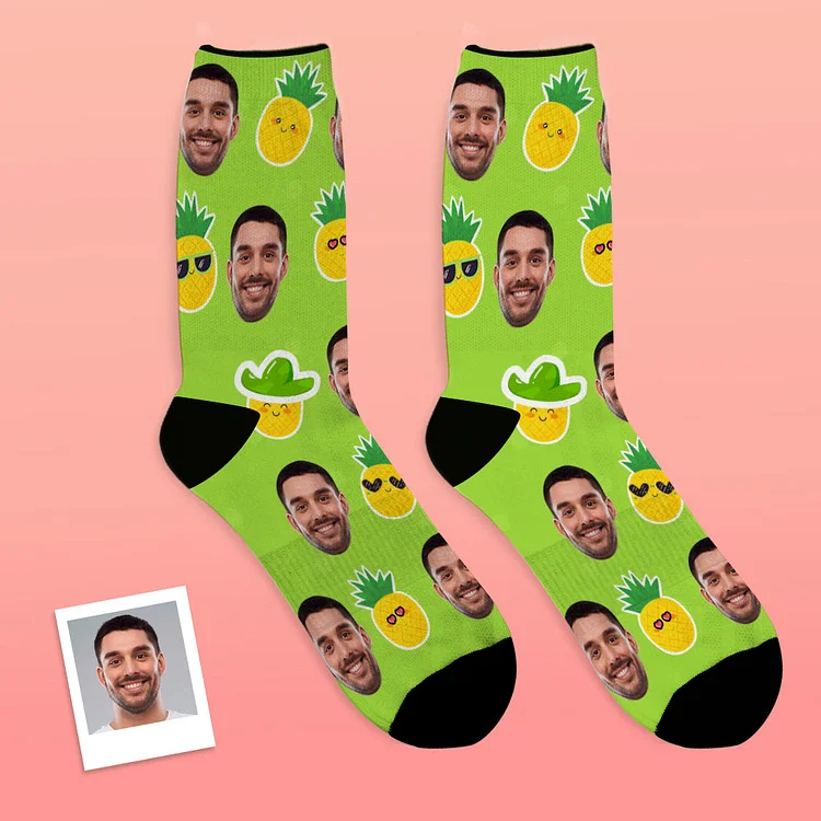 Custom Face Socks Pineapple Funny Faces Tropical Hearts Fruit Party Unisex Socks