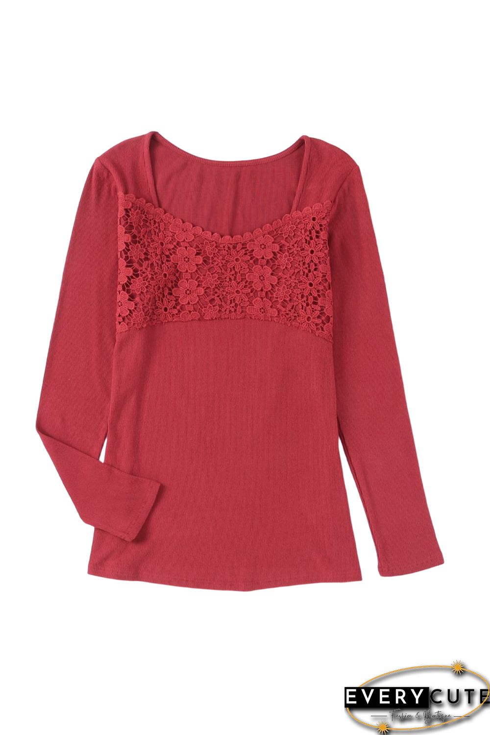 Red Lace Crochet V Neck Long Sleeve Top