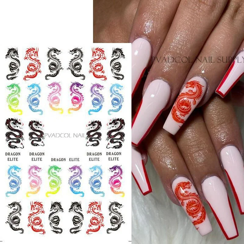 Nail Art Dragon Decals Stickers Red Black Dragons Design Self Adhesive 3D Nail Sticker Acrylic Manicure Tips Decorations-Nail Inspo