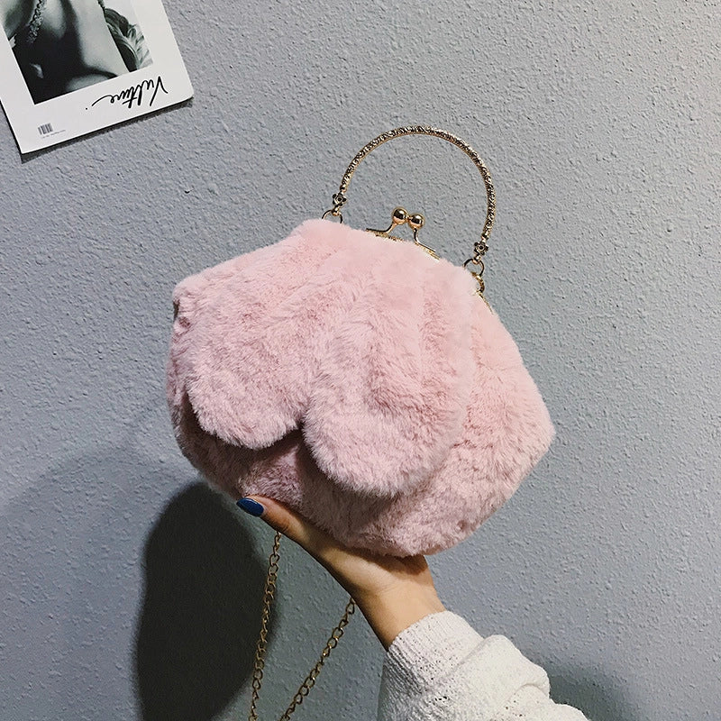 Women’s Plush Rabbit Solid Color Cute Round Lock Clasp Handbag Crossbody Bag