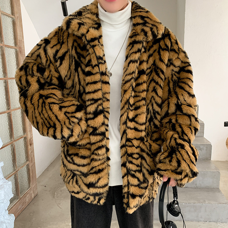 Loose Furry Men's Tiger Leopard Print Harajuku Style Vintage Jacket