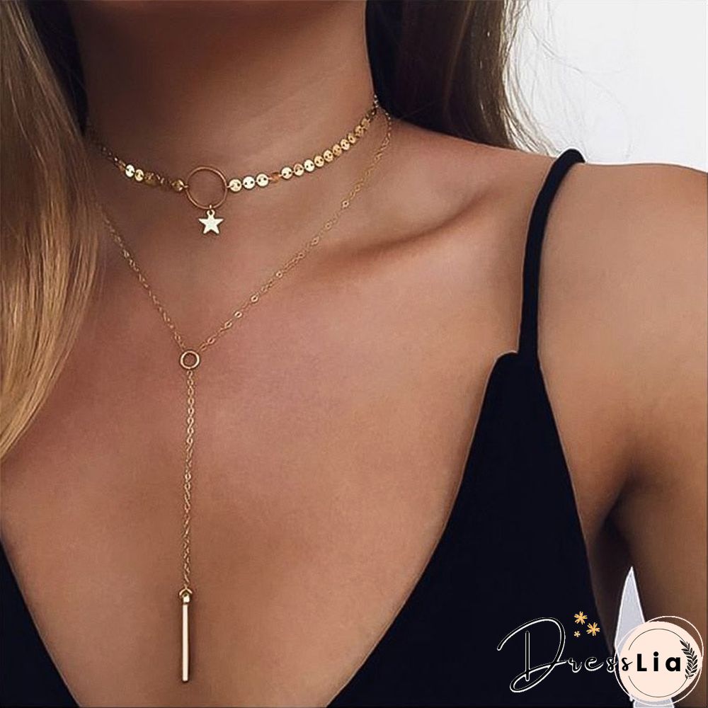 Multilayer Moon Alloy Metal Disc Gold Pendant For Women New Trend Female Jewelry Collar