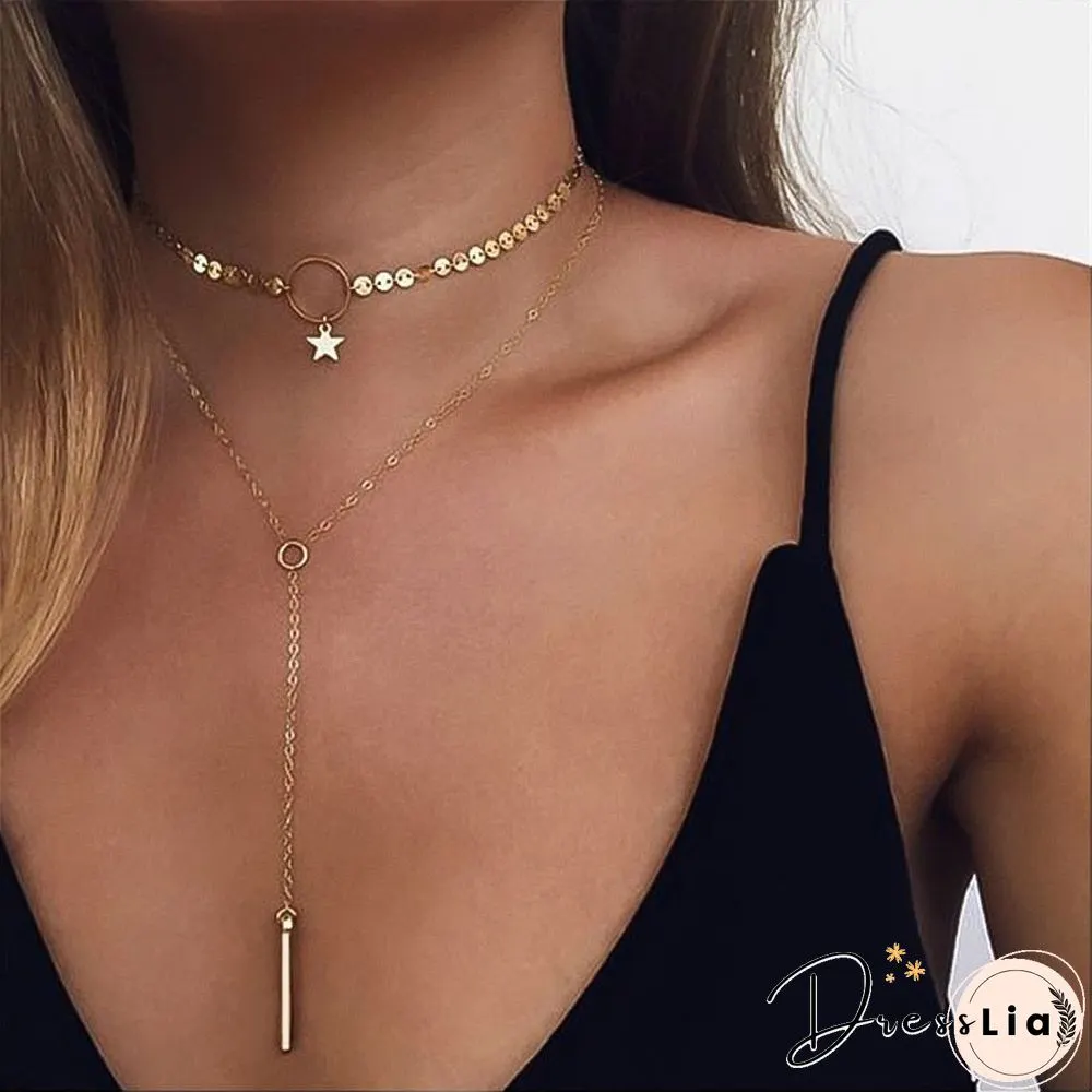 Multilayer Moon Alloy Metal Disc Gold Pendant For Women New Trend Female Jewelry Collar