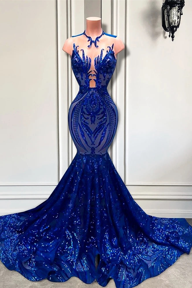 Classy Royal Blue Sleeveless Evening Gown Mermaid Long Sequins - lulusllly