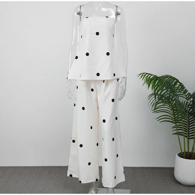 Polka Dot Tube Top Wide Leg Pants Suit