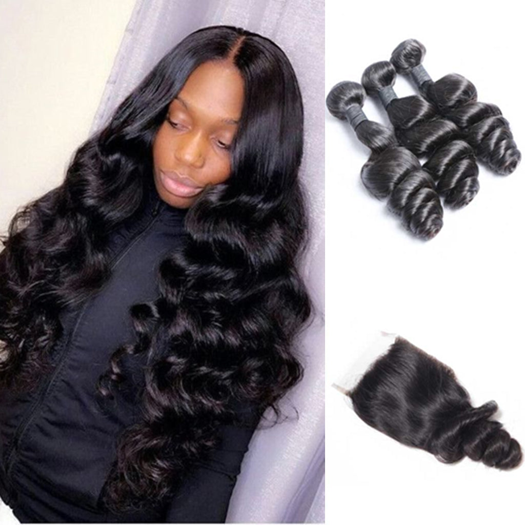 12A 3PCS + 4X4 HD Lace Closure Loose Wave Hair Extension 4X4 Transparent Lace Closure