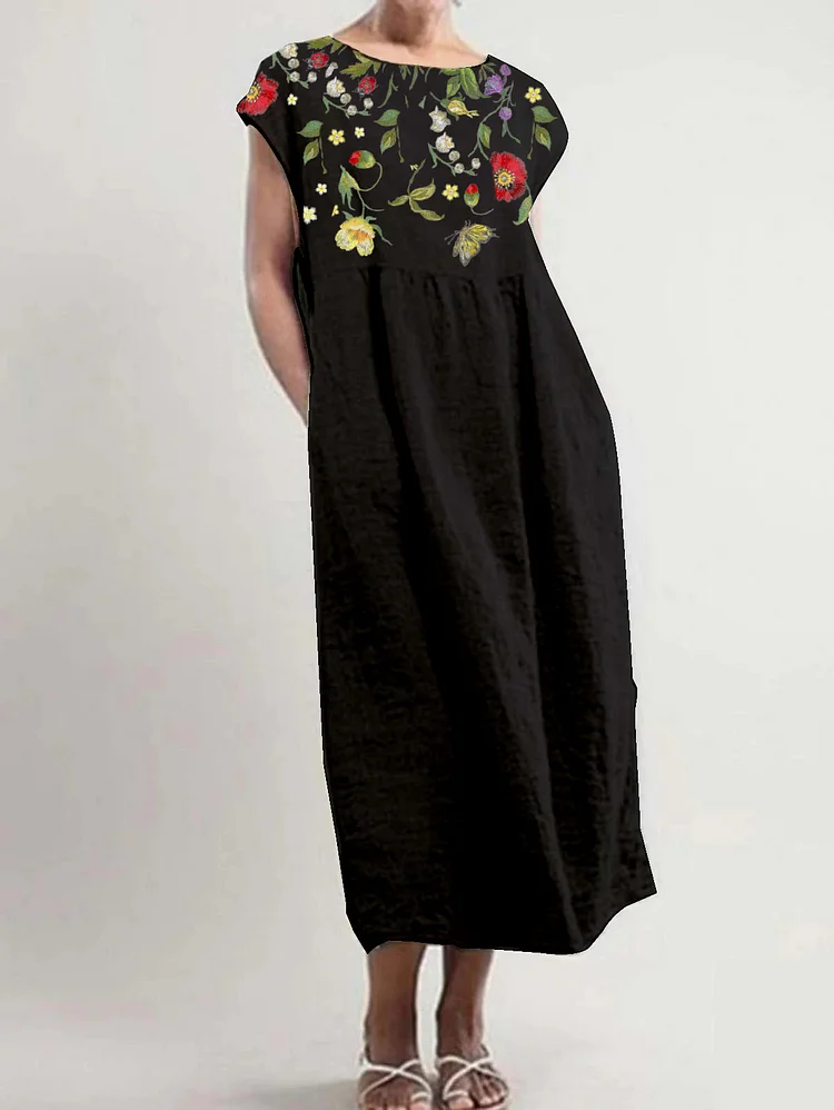 Ursime Women's Floral Print Short Sleeve Casual Loose Midi Dress