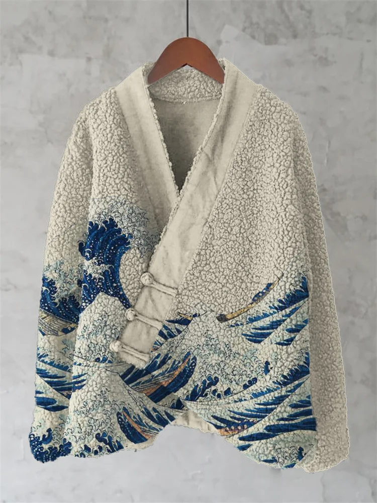 Great Wave Japanese Art Cozy Fleece Kimono Cardigan
