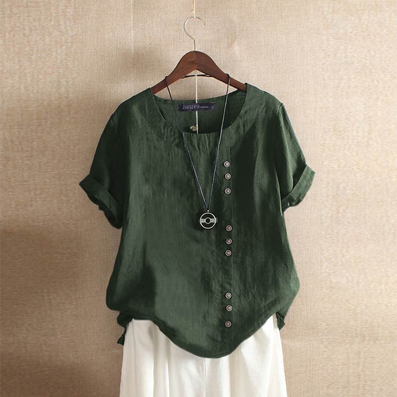 ZANZEA Summer O Neck Short Sleeve Blouse Women Cotton Linen Shirt Casual Loose Buttons Tops Femininas Blusas Work Top Chemise
