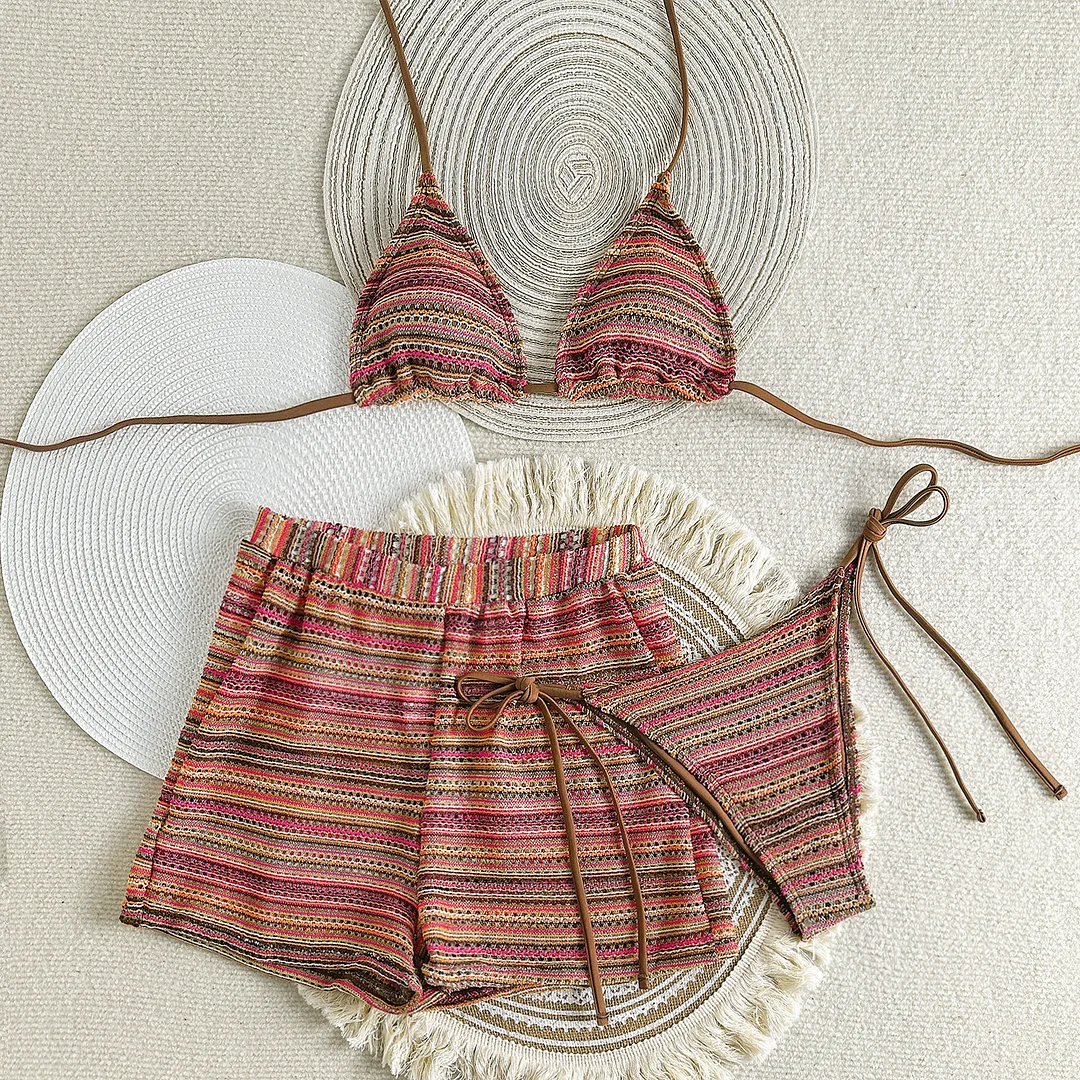 Zingj 2025 New Sexy Hanging Neck Bikini Knitted Beach Shorts Three-Piece Set Swimsuit Bikini