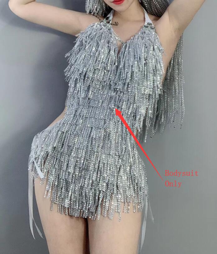 VCSHOES Silver Shining Tassel Bikini Bodysuit DJ Singer Dancer Stage Wear Nightclub Bar Party Show Rave Outfits Gogo Dance Costume