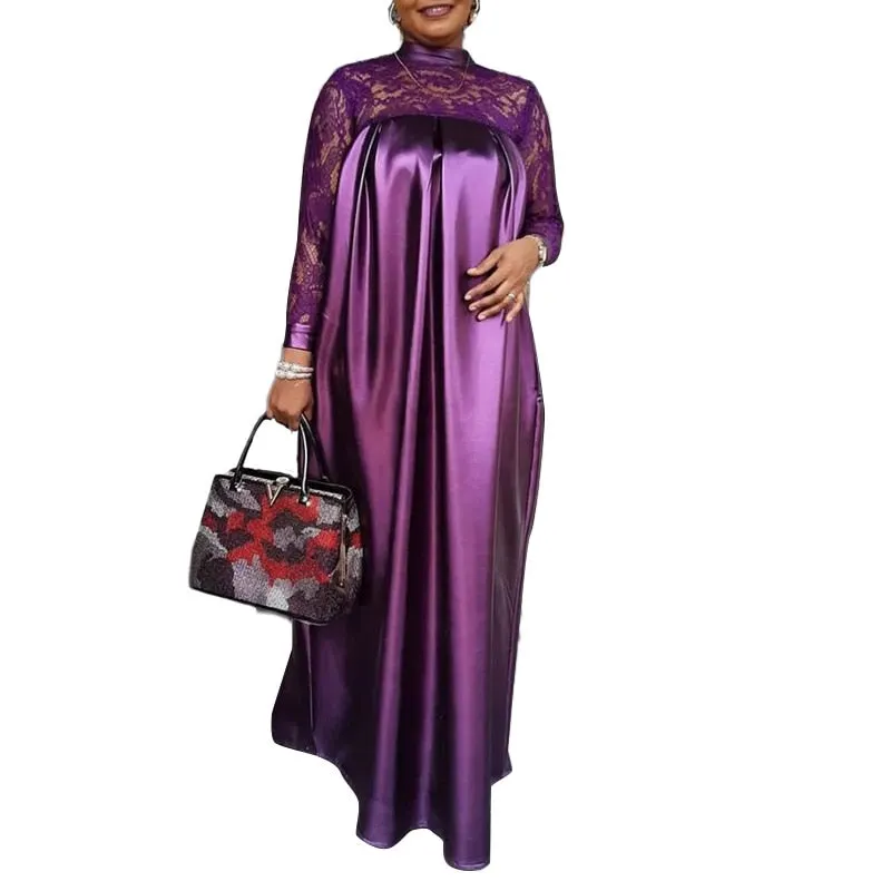 Summer Kaftan Dress 2022 VONDA Bohemian Women Long Sleeve Mock Neck Lace Patchwork Maxi Long Dress Robes Longues Oversized