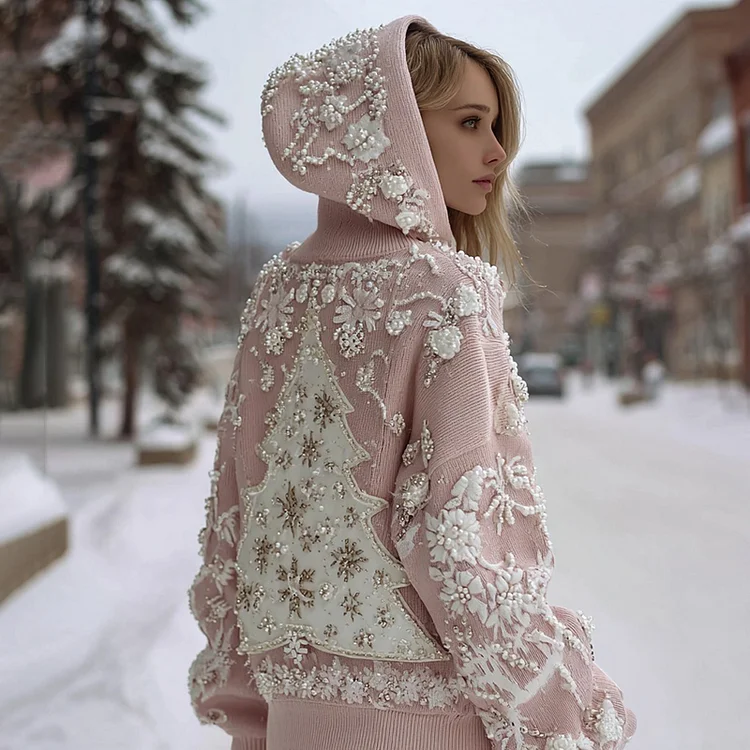Women's Rhinestone Christmas Tree Patchwork Knitted Hooded Sweater