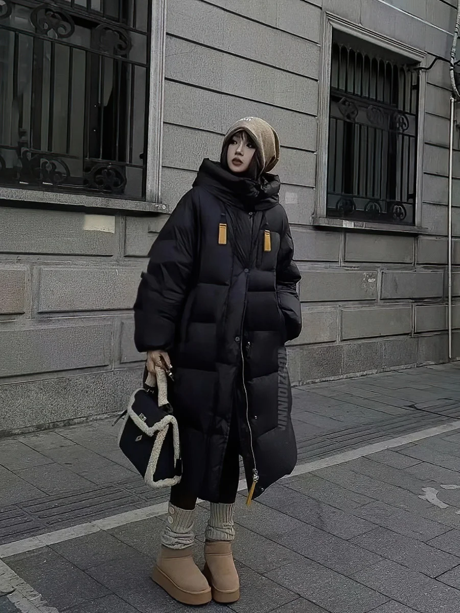 Woherb Korean Version Of Big Quilt Down Jacket Female Long Style 2024 Winter New Thickened Ribbon Hood Extremely Cold Warm Coat Plus Size-Outfit Ideas