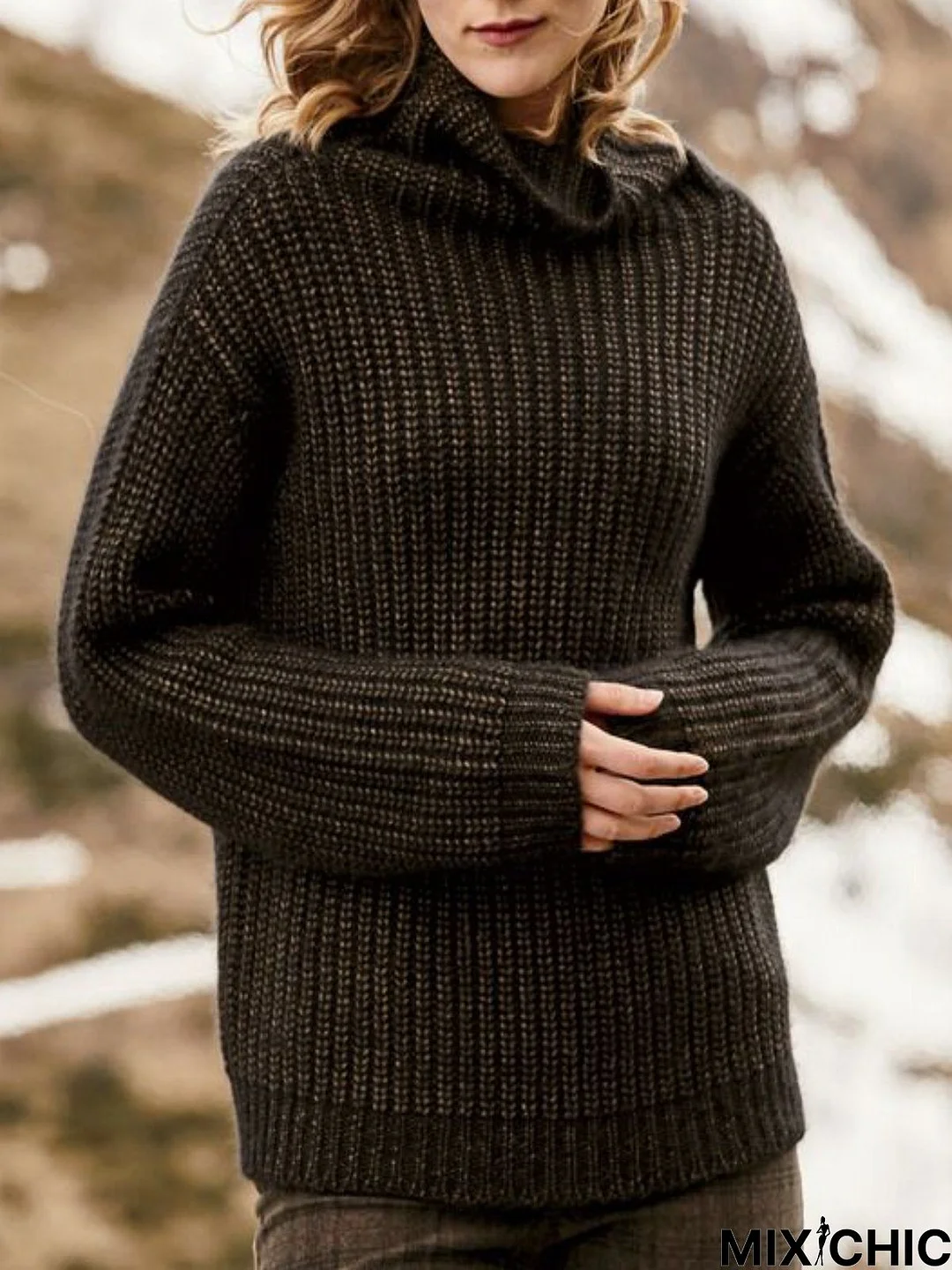 Black Casual Solid Turtleneck Plus Size Sweater