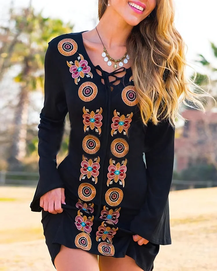 Western Print Long Sleeve Dress