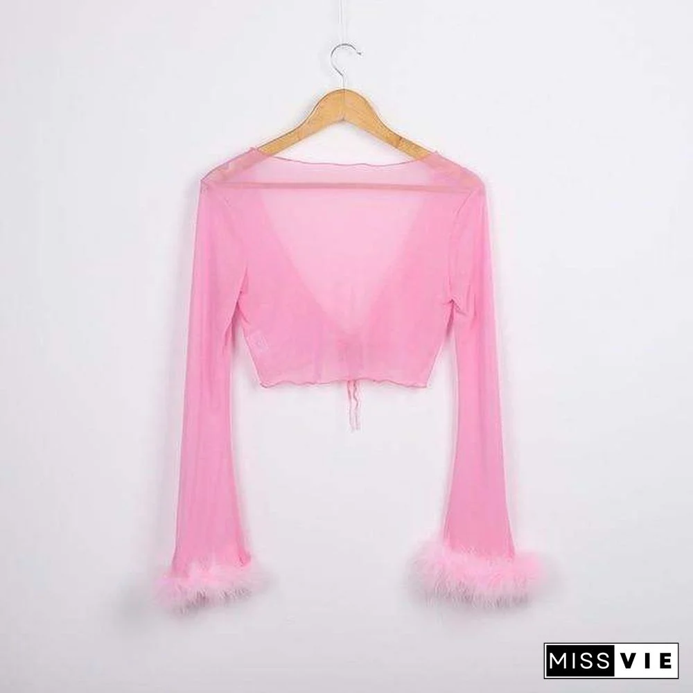 Tumblr Sexy See Through Pink Mesh Tracksuits Autumn Women Costume Two Piece Set Long Sleeve Fluffy Crop Top And Pants Streetwear