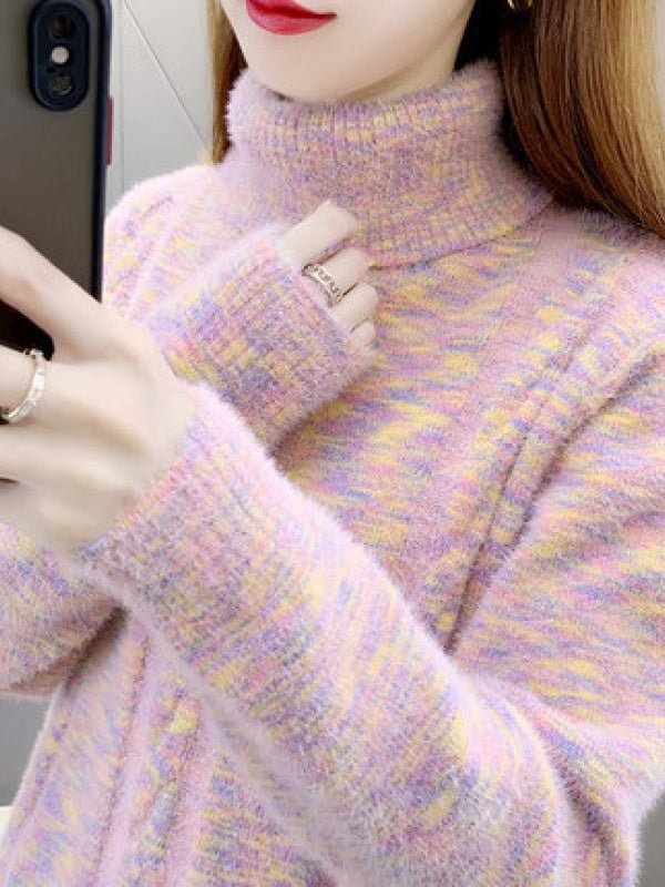 Women's Long Sleeve Turtle Neck Colorblock Knit Seawter Tops
