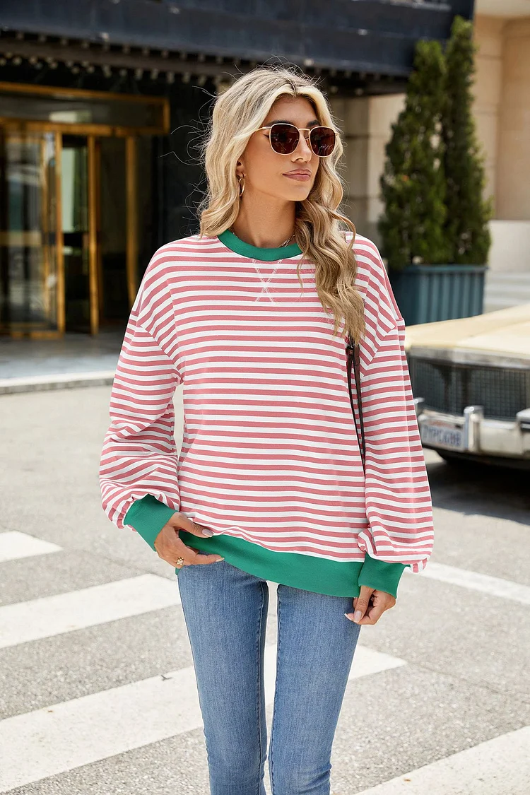 Women Striped Oversized Pullover Top Long Sleeve Shirt (Buy 2 Free Shipping)