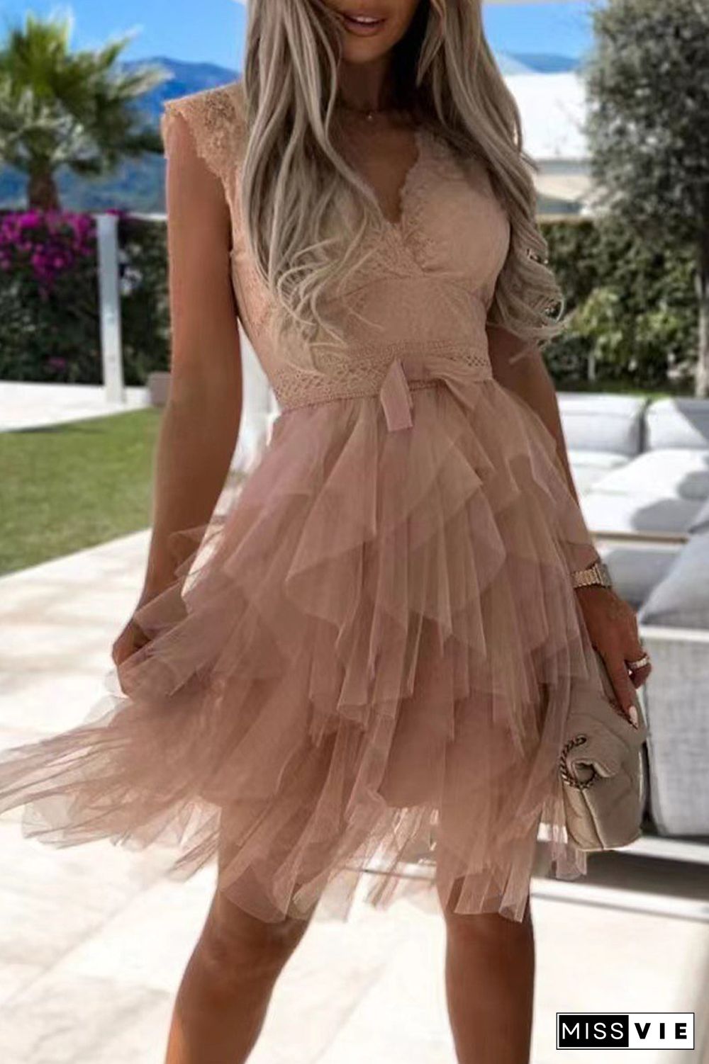 Sweet Elegant Solid Mesh V Neck Irregular Dress Dresses(3 Colors)