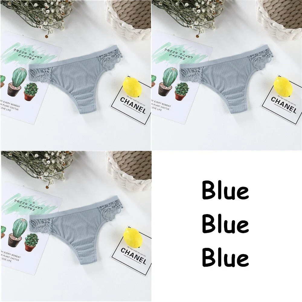 3pcs Sexy Women's Cotton G-String Thongs Panties Solid Lace Underwear Women Briefs Lingerie Underpants Ladies Low Rise Intimates