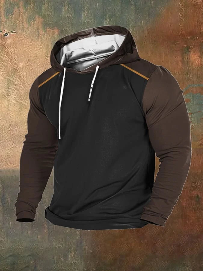 Men's Fleece Retro Color Patchwork Printed Hooded Sweatshirt